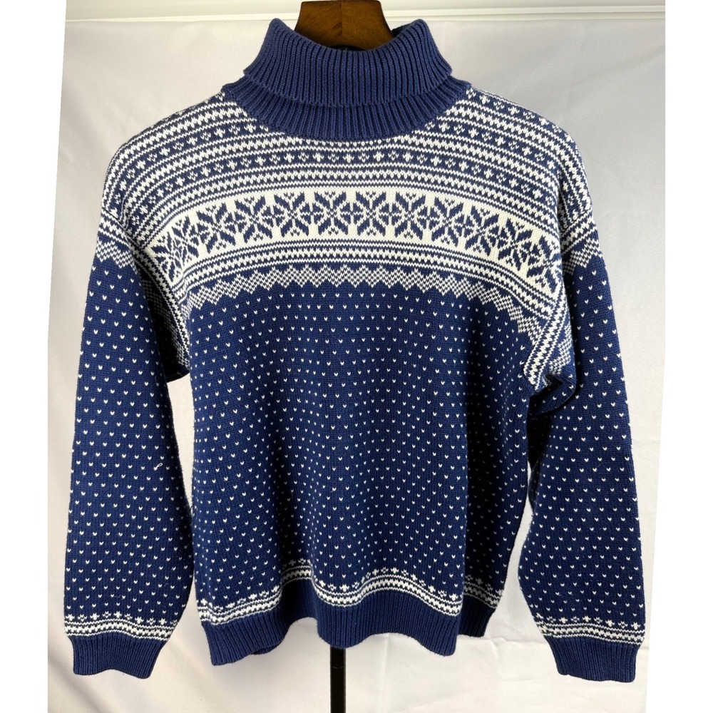 LL Bean Womens L Blue Nordic Fair Isle Cotton Turtleneck Sweater Winter Cabin